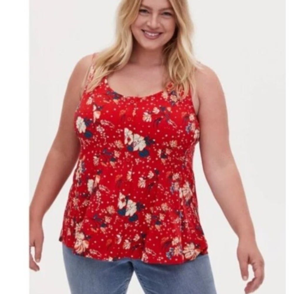 Torrid Red Floral Challis Button Front Fit & Flare Tank Top Size 1 Plus NEW